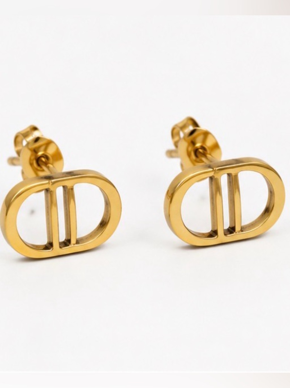 Gold Designer-Inspired Logo Stud Earrings | Minimalist Luxe Chic - Picture 4 of 6